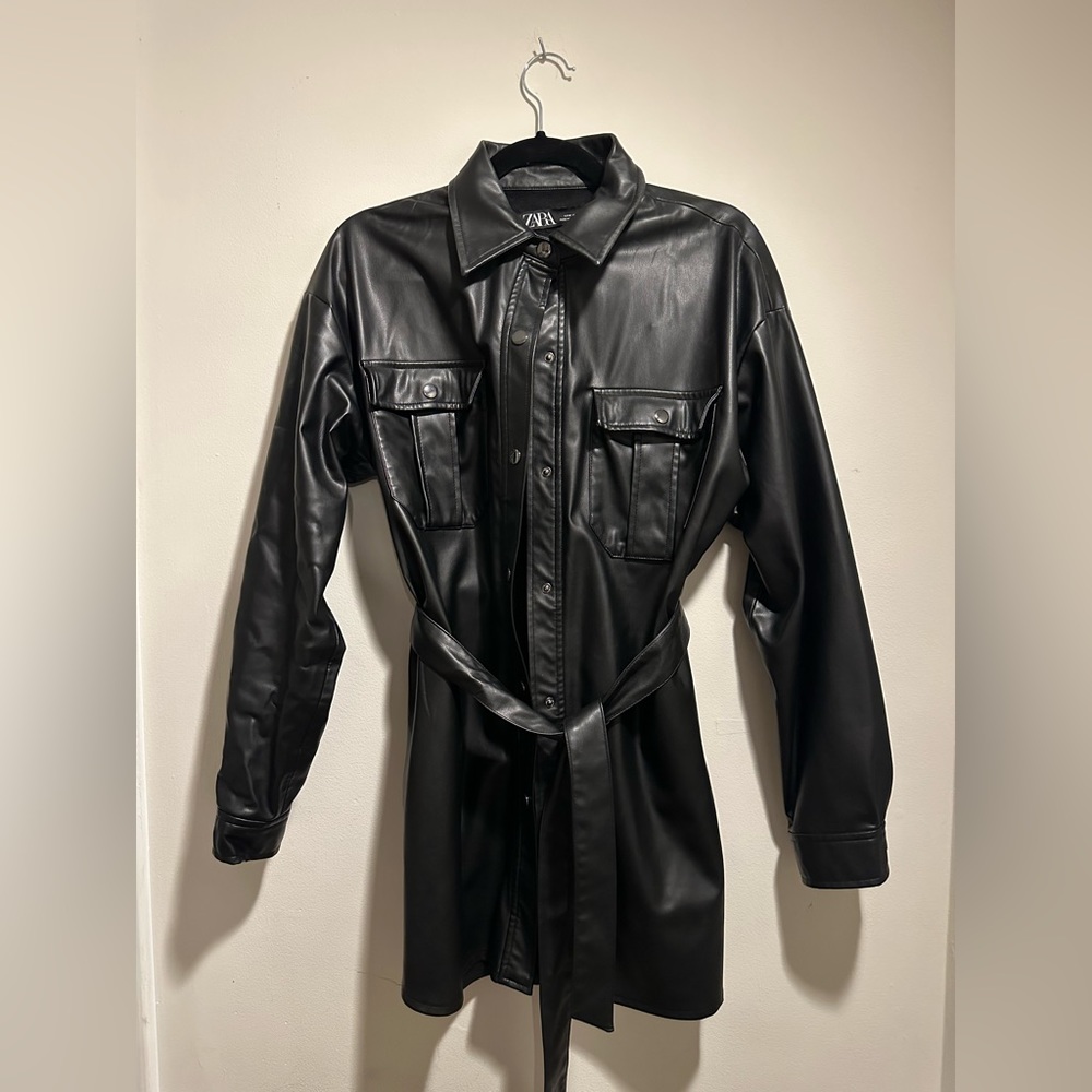 Zara black Faux leather button up dress belted jacket
